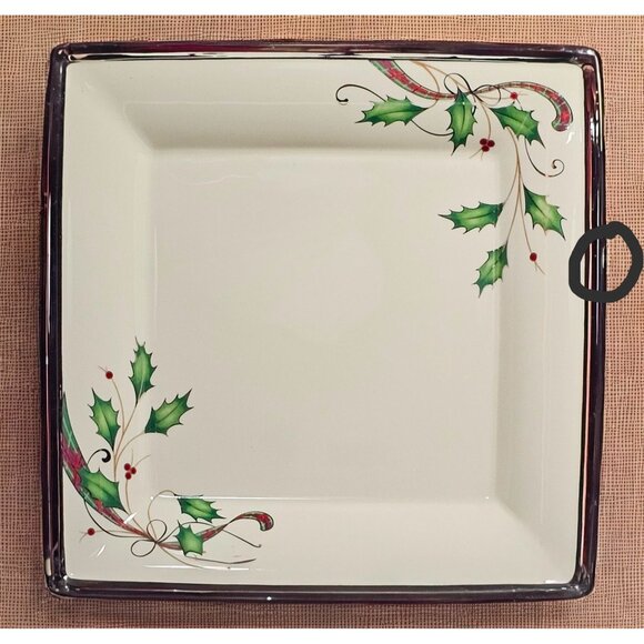 Lenox 12" Holiday Nouveau Platinum Holly Square Serving Platter Dish , Vintage - Picture 6 of 8